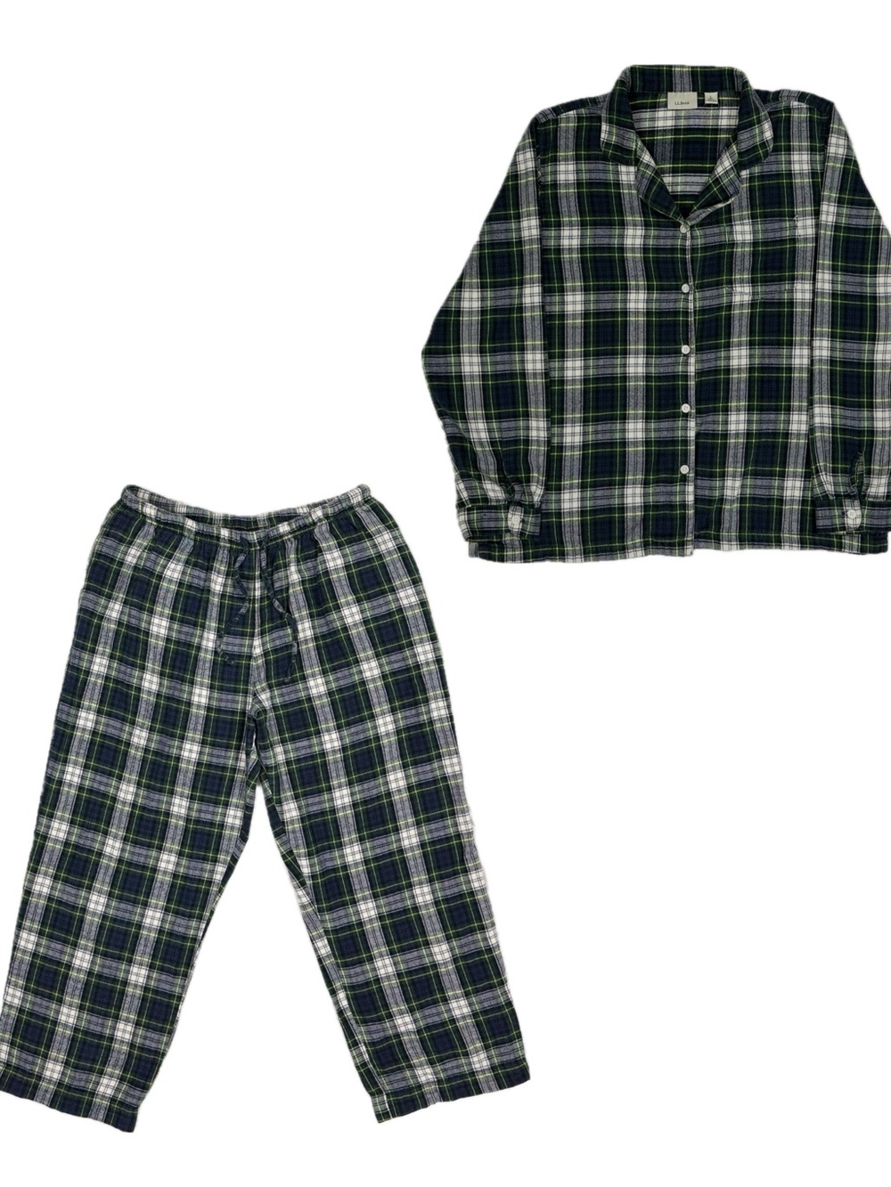 LL Bean White Green Scotch Plaid Top And Bottom Pajama Set Women's Large Petite